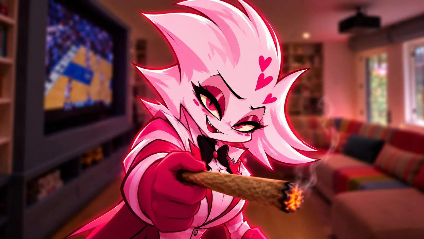 Moxxie relaxing in a living room holding a smoking joint
