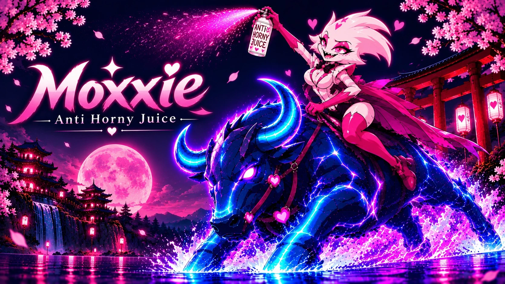 Moxxie riding a glowing electric-blue bull under a pink moon, with cherry blossoms and Japanese temples