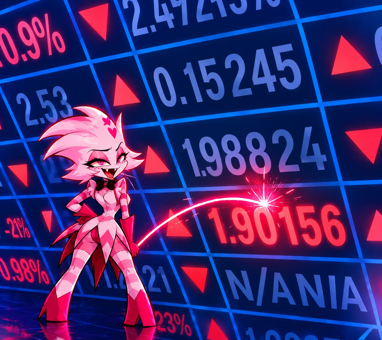 Moxxie striking a pose in front of a glowing stock-ticker board, whipping a red energy arc