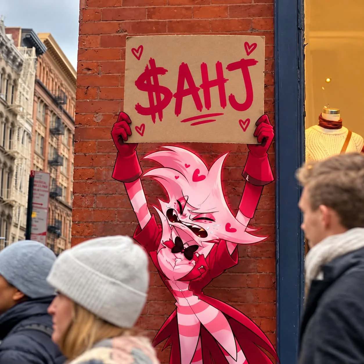 Moxxie holding a $AHJ cardboard sign on a brick street corner